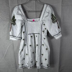 Guadalupe White Embroidered Palm Tree Mini Dress Smocked Square Neck Size M